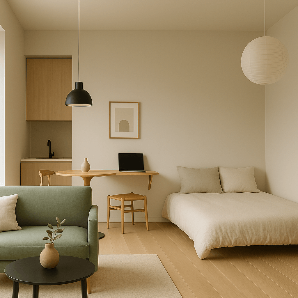 Décoration Japandi d'un studio avec matériaux en bois et couleurs sobres