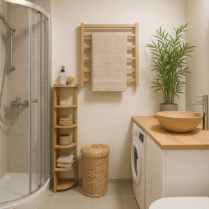 salle de bain avec rangements d'angle