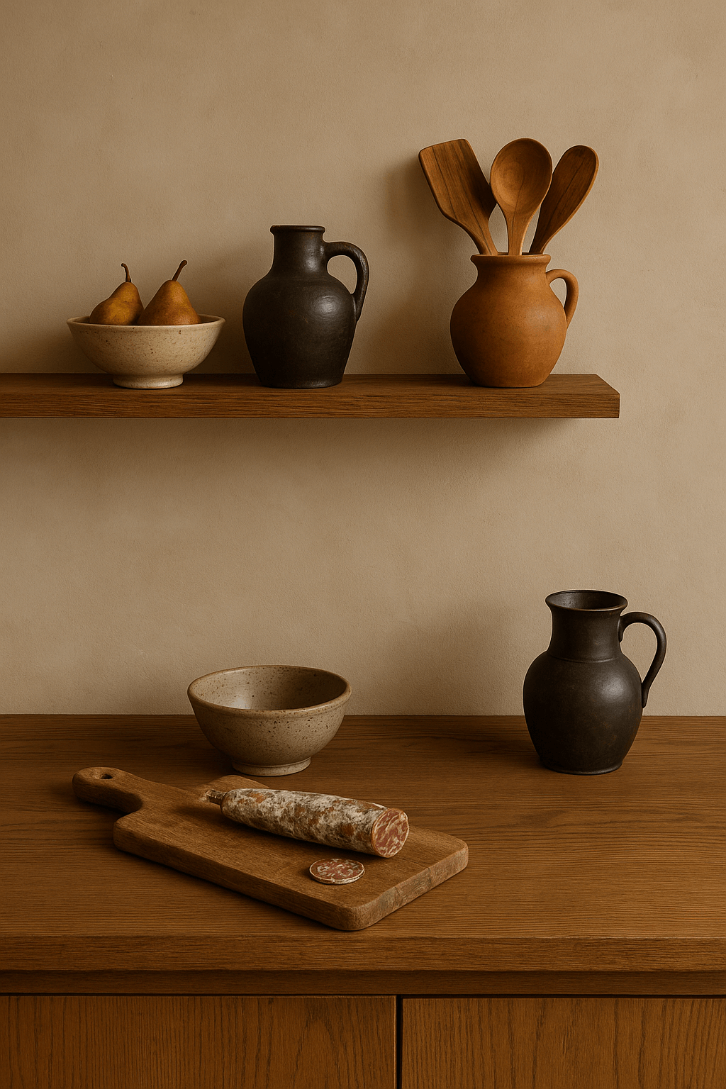 coin cuisine rustique avec objets artisanaux