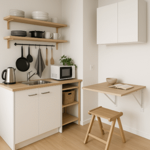 Cuisine avec table rabattable, siège pliable