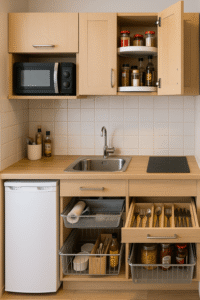 cuisine avec tiroirs organisés et panier rangements