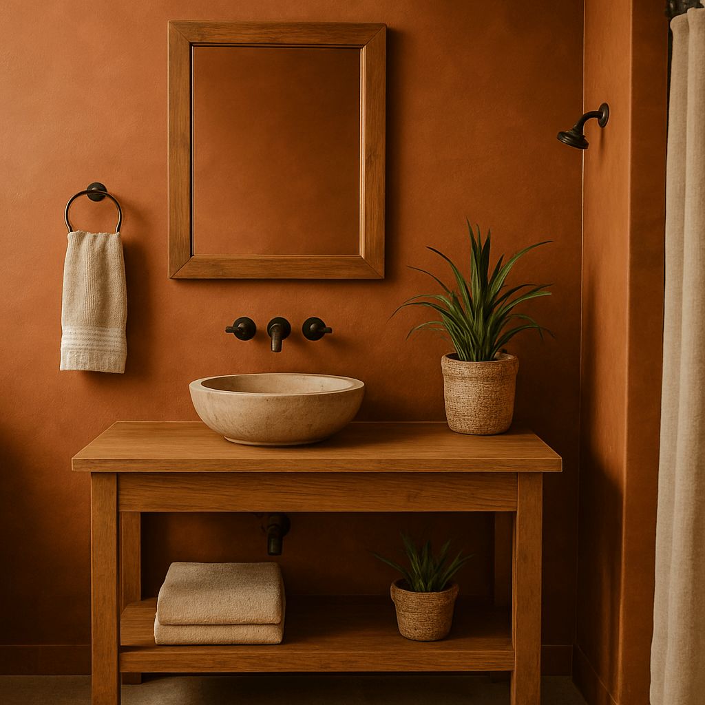 studio avec coin salle de bain rustique aux couleurs terreuses