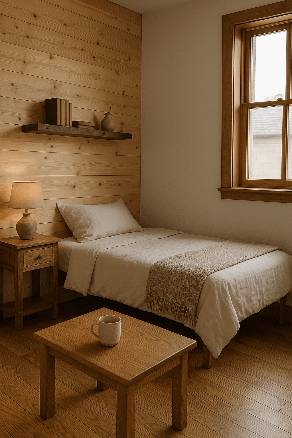 déco rustique pour un studio : coin nuit avec meubles en bois brut