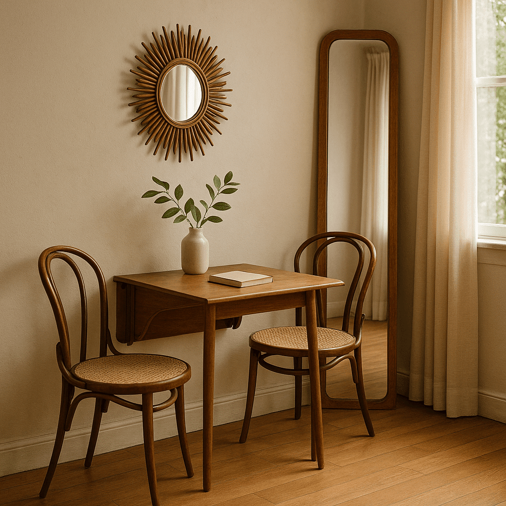 Déco vintage pour un studio : des meubles en bois teck avec des pieds compas compacts