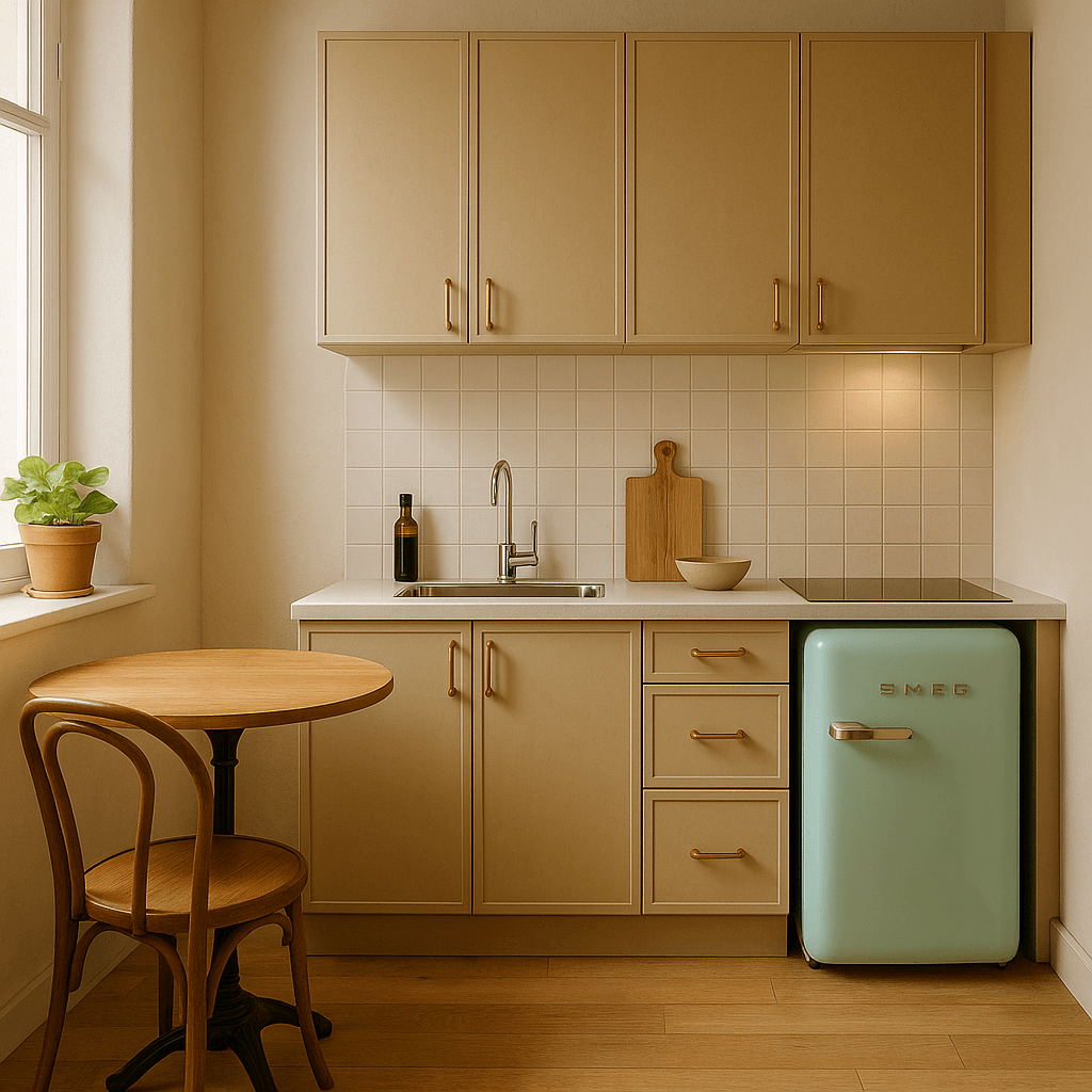 Déco vintage pour un studio : coin cuisine avec le classique mini-frigo un peu bombé aux couleurs pastels et des détails en laiton
