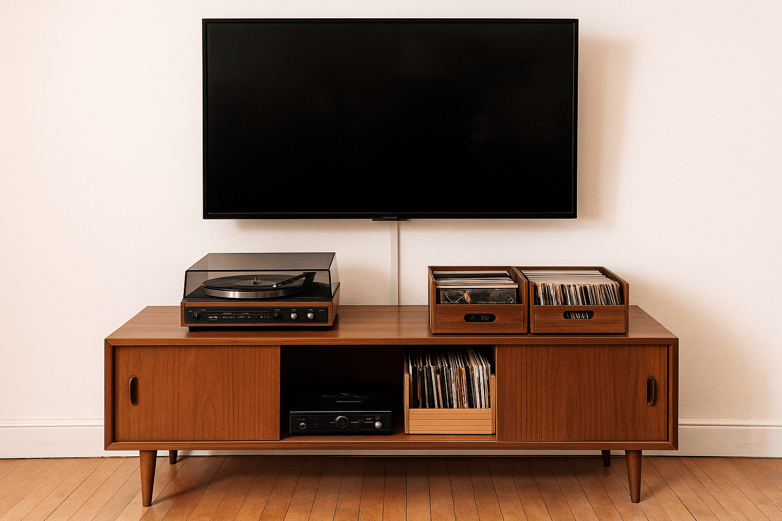 Déco vintage pour un studio : coin salon avec meuble bas style années 60-70s'