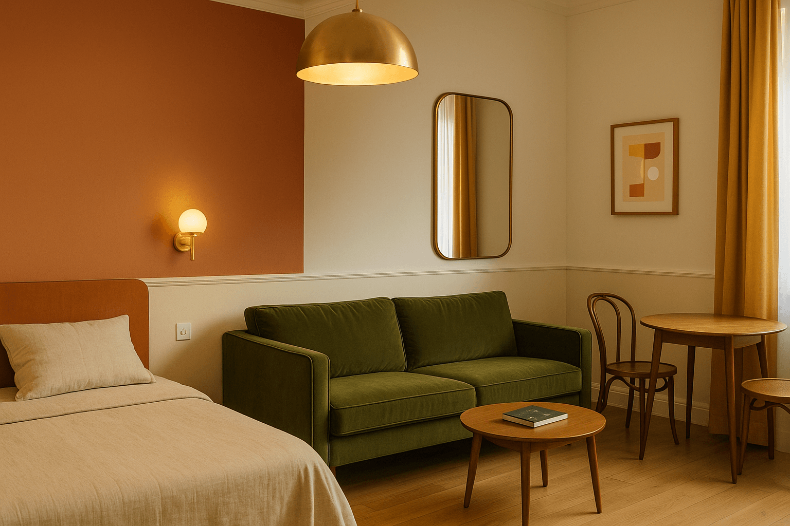 Déco vintage pour un studio : utilisation des palettes de couleurs pour séparer les pièces.