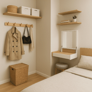 rangement petite chambre adulte : coiffeuse escamotable, étagère, porte-manteaux... Diverses solutions de rangement qui n'encombrent pas l'espace au sol