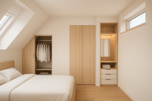 Rangement petite chambre adulte: rangements sur-mesure qui s'intègrent parfaitement aux particularités de la pièce