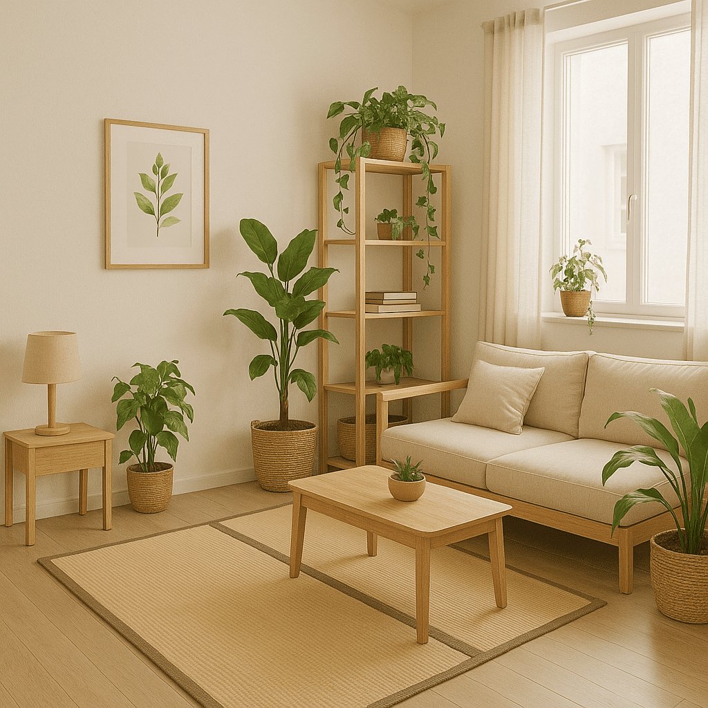 déco zen pour un studio : un assortiment de plantes (suspendues, pots au sol, petite plante sur étagères etc...)