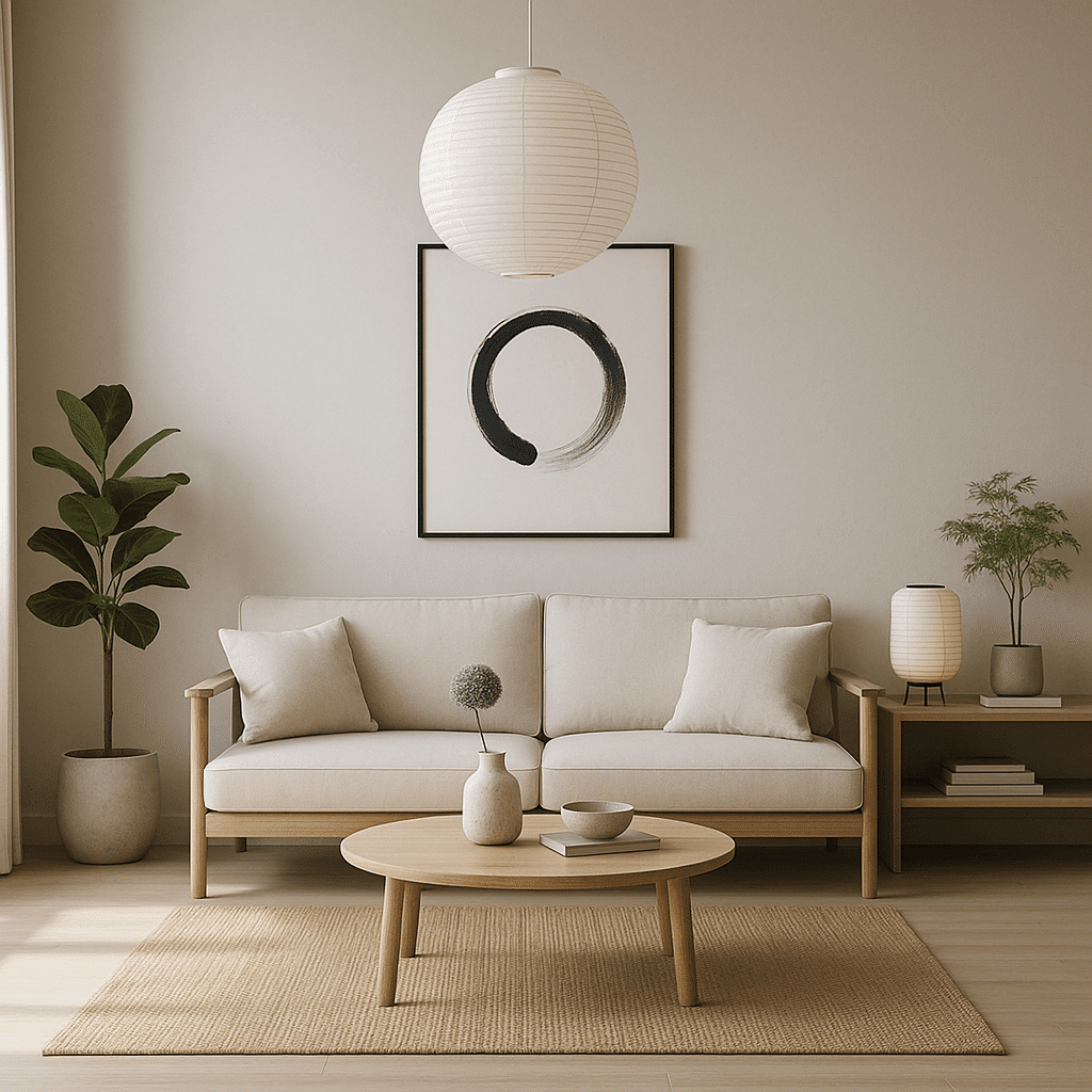 Déco zen pour un studio : quelques accessoires bien agencés comme un tableau abstrait, des plantes, un tapis unis en matières naturelles apportent une touche zen minimaliste