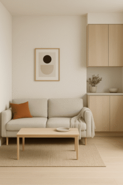 coin salon avec sa déco minimalistes et sa palette de couleur neutre