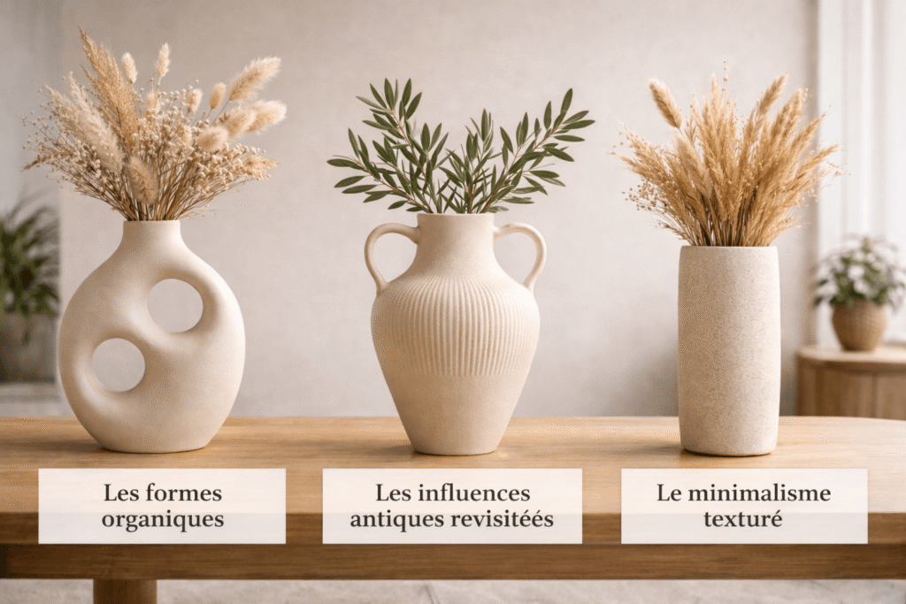 Différents modèles de vase en céramique tendances en 2026 : formes organiques, antiques, minimalisme texturé.