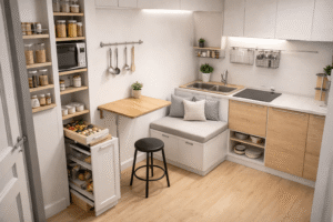 Coin repas dans une cuisine minuscule