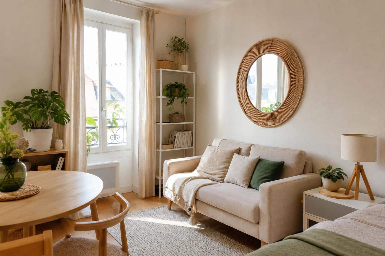 découvrez nos conseils pour choisir le miroir en rotin parfait, conçu pour maximiser l'espace et apporter une touche déco chaleureuse à votre petit appartement.